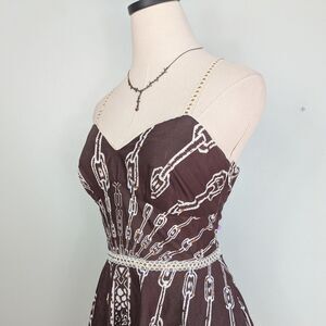 Y2K Midi Dress 8 Brown White Sundress Lace Retro 90s Boho Western Guest Flare